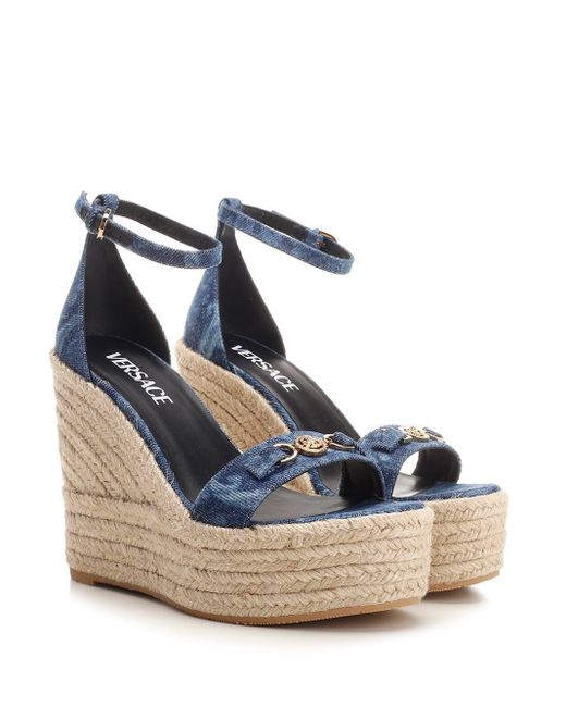 Versace Blue Straw Wedge Sandals
