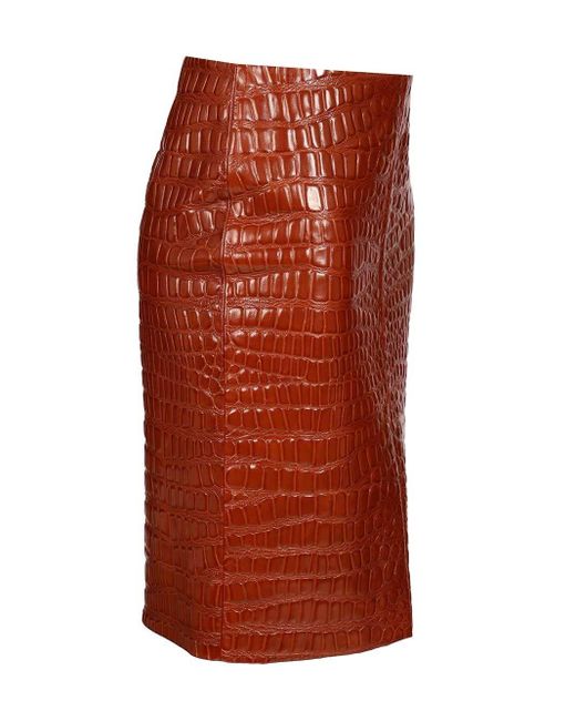 Saint Laurent Red Crocodile Embossed Leather Skirt