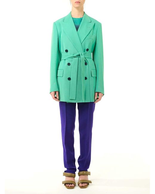 Dries Van Noten "bomeos" Belted Double-breasted Blazer in Green | Lyst