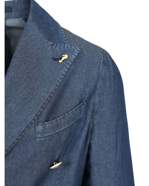 Guarinucci Blue Double-breasted Blazer In Washed Denim for men