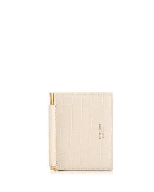 Tom Ford Cream Crocodile Print Folding Card Holder With Money Clip in ...