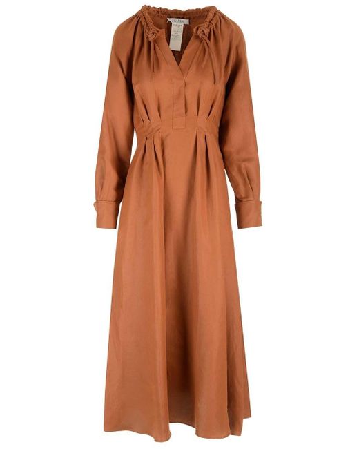 Max Mara Brown Linen And Silk Midi Dress