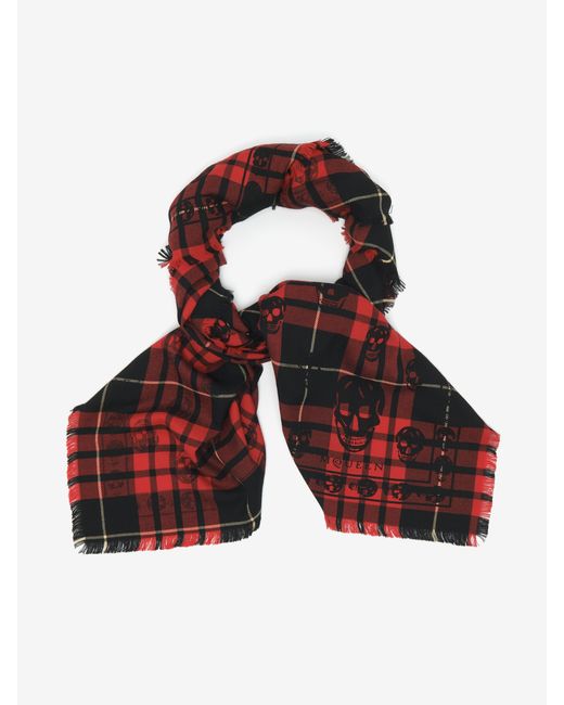 McQueen Red Tartan Skull Scarf for men