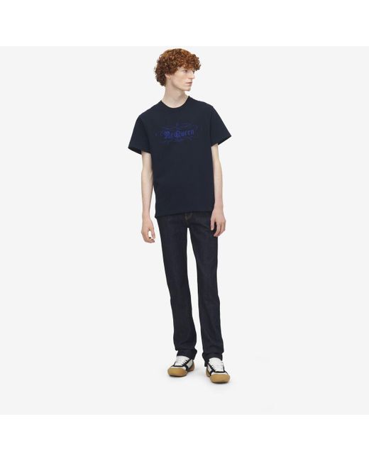 Alexander McQueen Blue Mcqueen Script Print T-Shirt for men