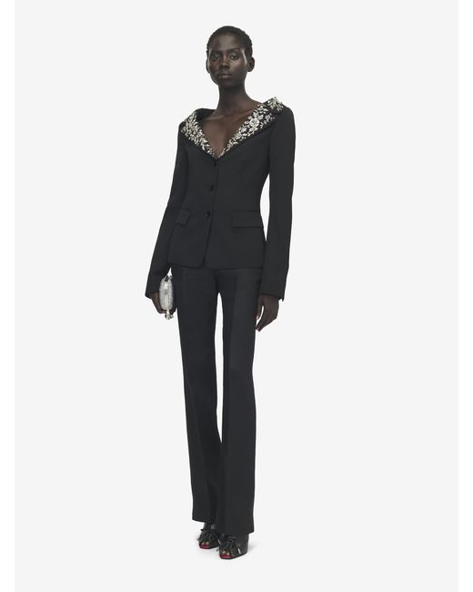 McQueen Black Embroidered Off-The-Shoulder Harness Jacket