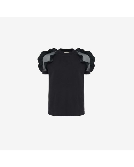 Alexander McQueen Black Ruffled-trim Round-neck Cotton-jersey T-shirt
