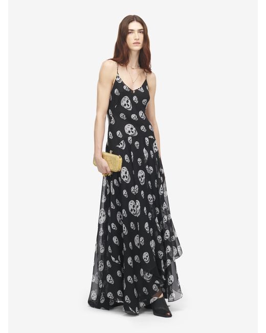 McQueen White Silk Skull Print Evening Dress