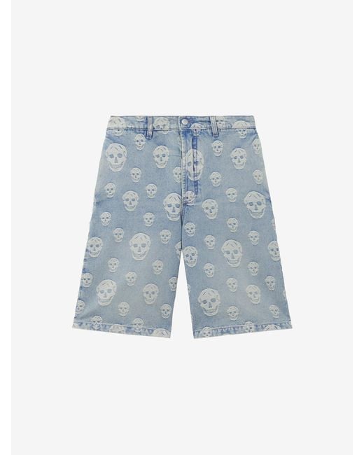 McQueen Blue Skull Jacquard Denim Shorts for men