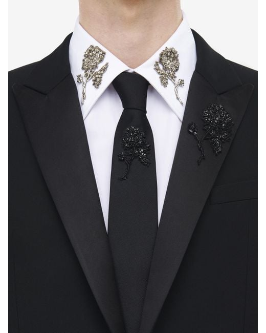 Alexander McQueen Black Jet Rose Embroidered Tie for men