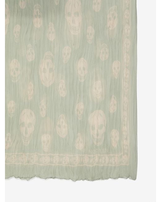 McQueen White Pleated Skull Scarf