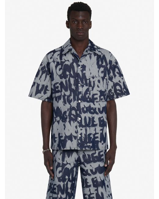 Alexander McQueen Blue Denim All-over Print Short-sleeve Shirt for men