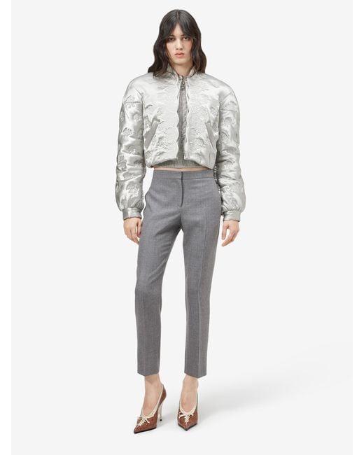 McQueen White Rose Quilted Cropped Bomber Jacket