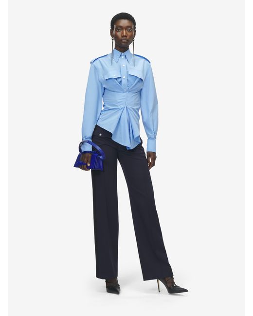 McQueen Blue Gathered Long-Sleeved Shirt