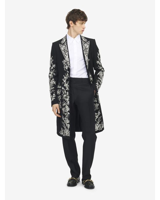 McQueen Black Floral Embroidery Coat for men