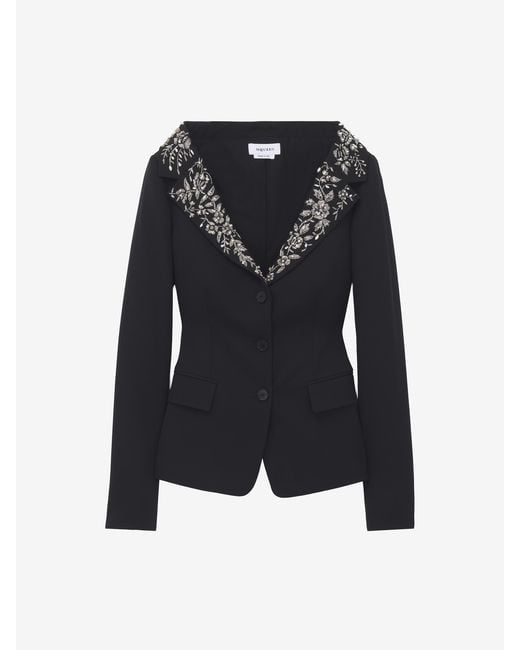McQueen Black Embroidered Off-The-Shoulder Harness Jacket