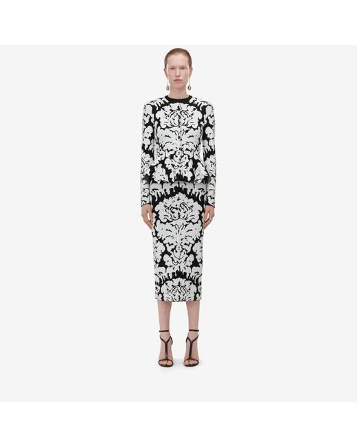Alexander McQueen White Black Damask Jacquard Pencil Skirt
