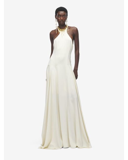 McQueen White Leaves And Crystal Embroidery Evening Dress