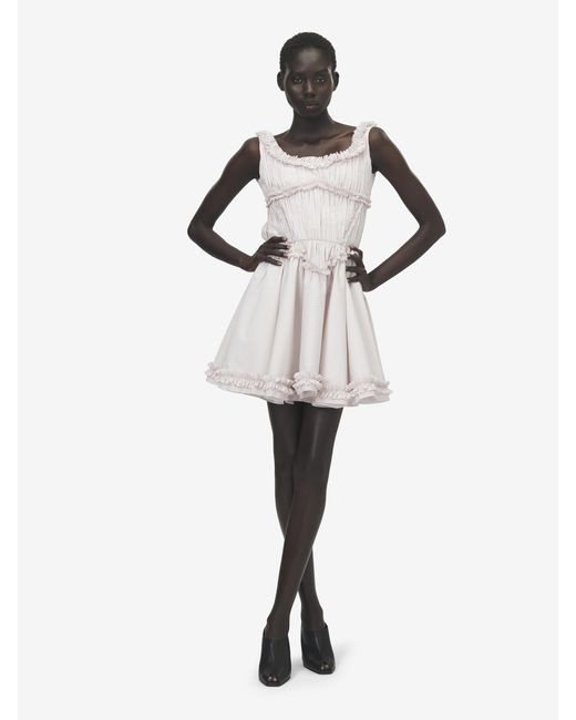McQueen Pink Pleated Ruffle Pinstripe Mini Dress