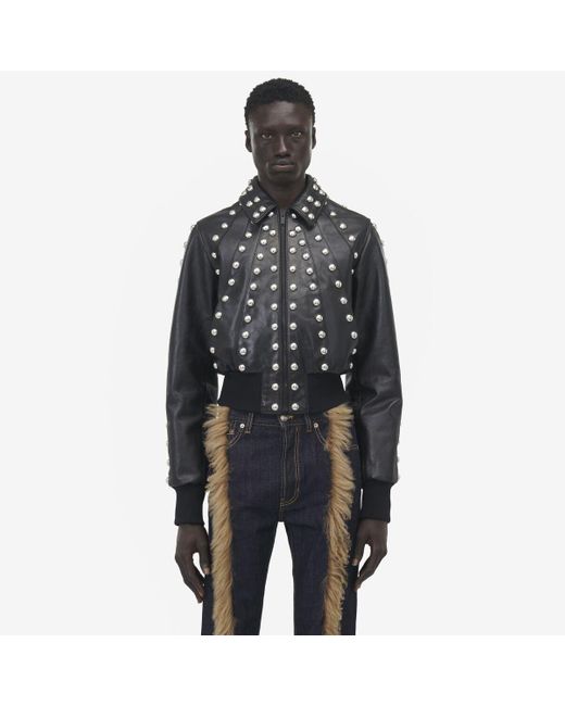 メンズ McQueen スタッズ レザー ボンバージャケット ブラック | Lyst