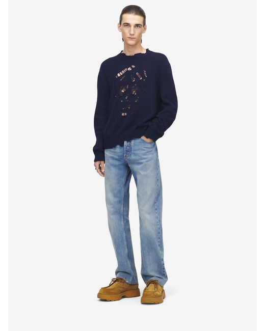 McQueen Blue Distressed Skull Jumper for men