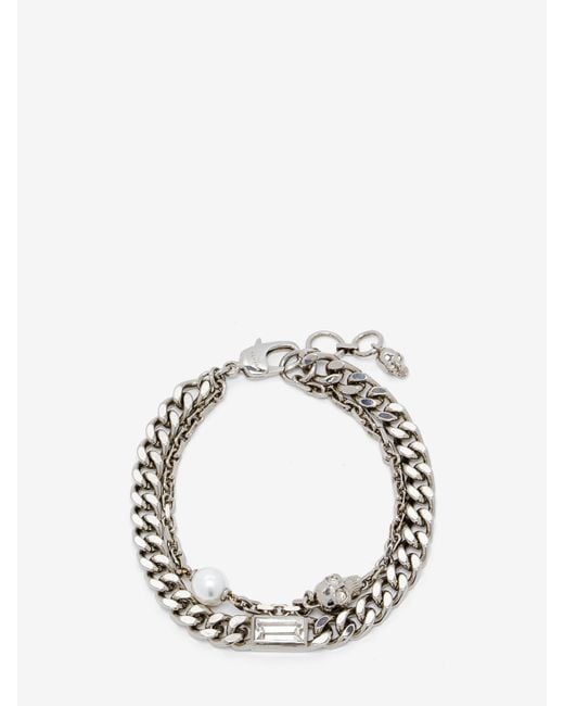 McQueen Metallic Skull & Pearl Layered Chain Bracelet for men