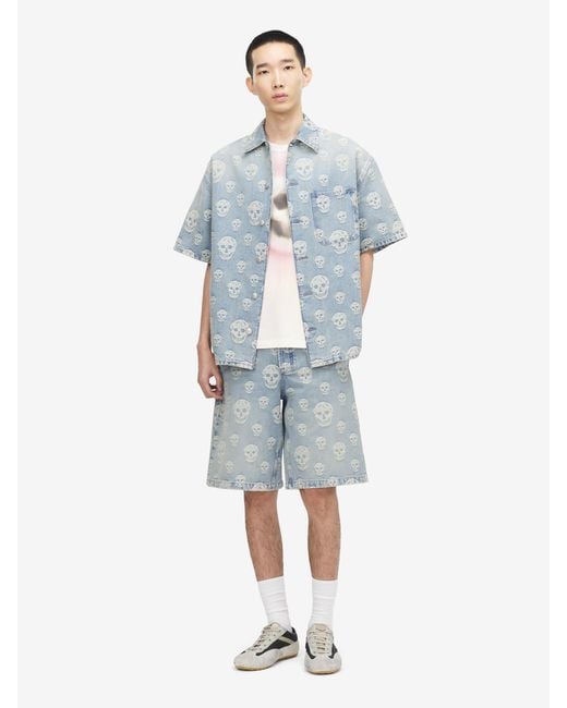McQueen Blue Skull Jacquard Denim Shorts for men