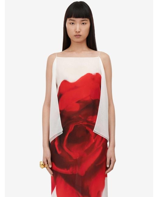 Alexander McQueen Red White Chiffon Bleeding Rose Slip Dress