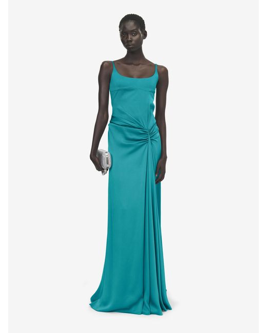 McQueen Blue Asymmetric Drape Evening Dress