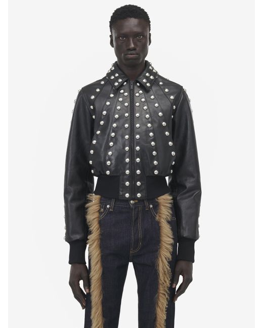 Alexander McQueen Black Studded Leather Bomber Jacket for men