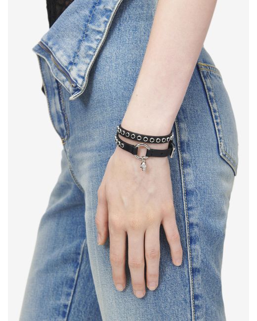 McQueen White Skull Ring And Eyelets Double Wrap Bracelet