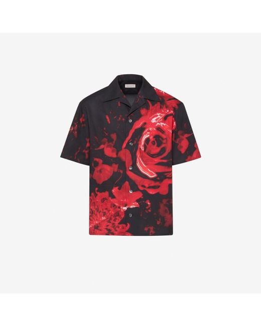 Alexander McQueen Red Black Wax Flower Hawaiian Shirt for men
