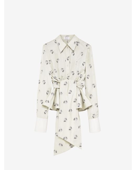 McQueen White Taffeta Rose Jacquard Self-Tie Shirt
