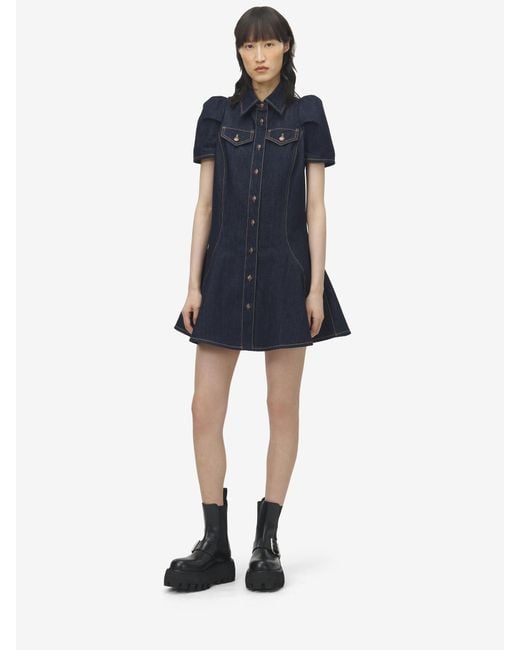 Alexander McQueen Blue Pinched Shoulder Denim Mini Dress