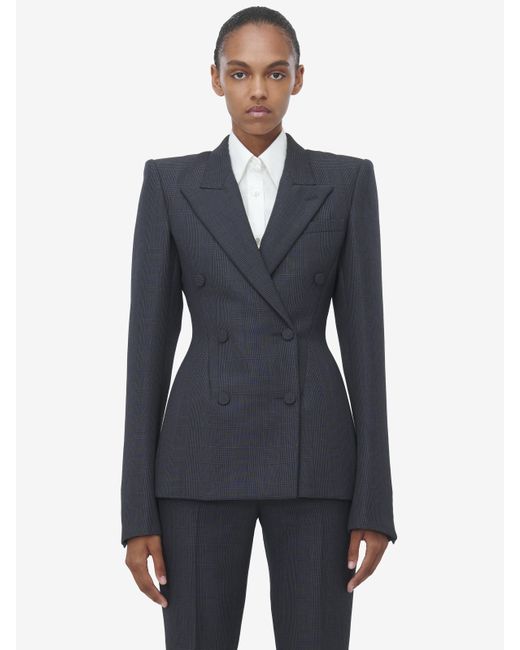 Alexander McQueen Blue Prince Of Wales Double-Breasted Jacket