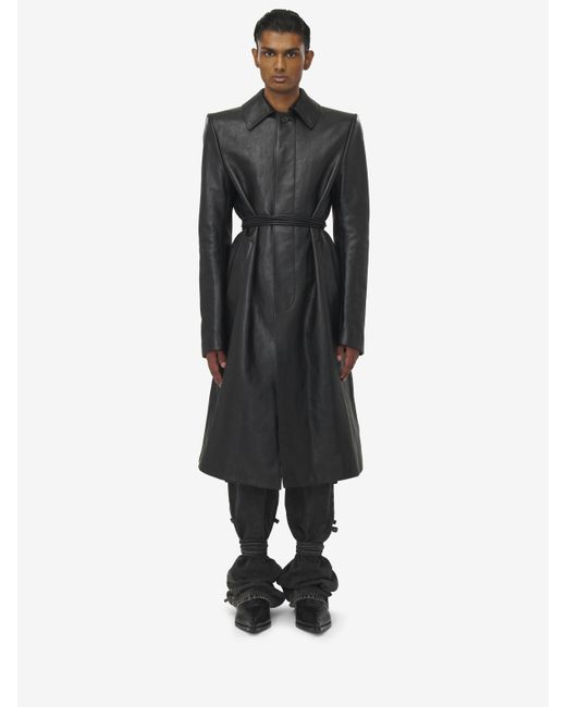 Alexander McQueen Black Stacked Shoulder Leather Raincoat​ for men