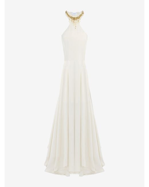 McQueen White Leaves And Crystal Embroidery Evening Dress