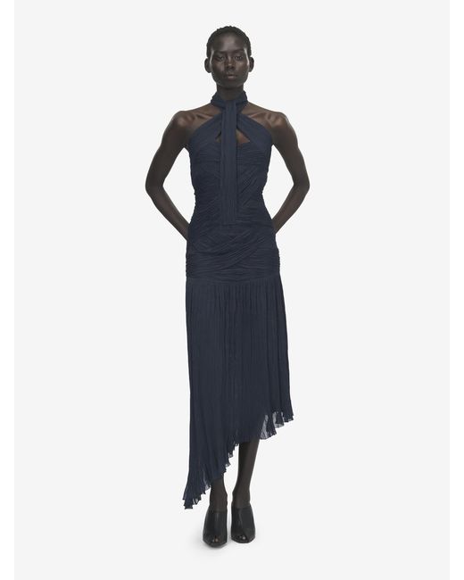McQueen Blue Asymmetric Ruched Dress