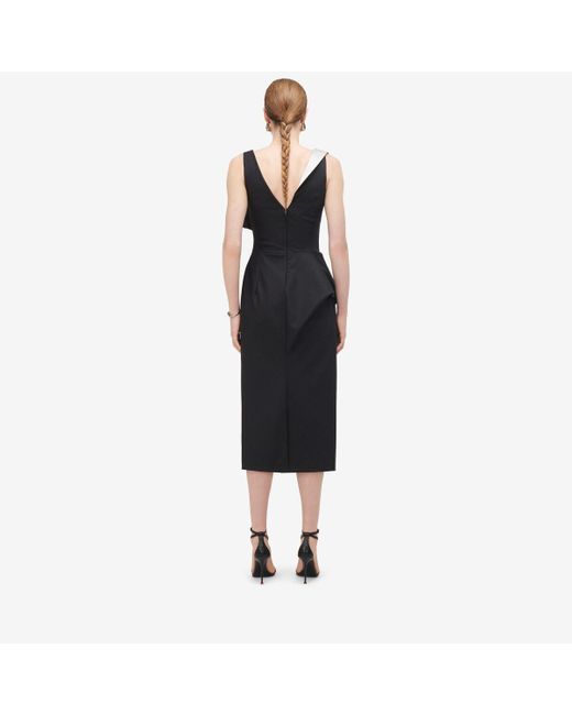 Alexander McQueen Black & Silver Pinstripe Asymmetric Pencil Dress