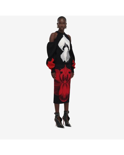 Alexander McQueen Red Black Ethereal Orchid Pencil Skirt