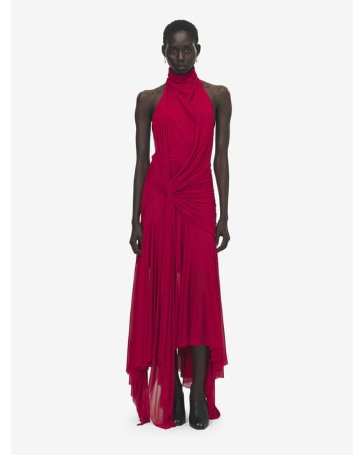 McQueen Red Asymmetric Draped Dress