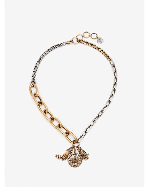 Alexander McQueen Metallic Gold Long Chain Charm Necklace
