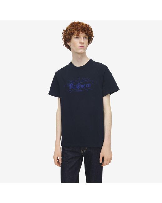 Alexander McQueen Blue Mcqueen Script Print T-Shirt for men