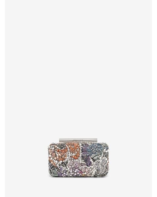 McQueen White Smashed Floral Embroidery T-Bar Box Clutch