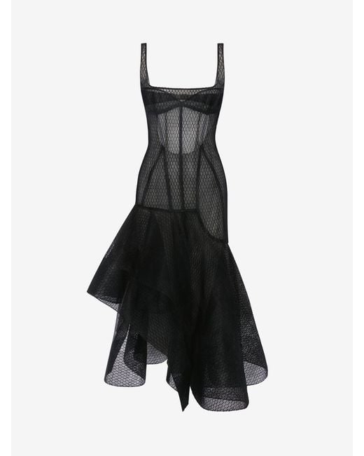 Alexander McQueen Black Asymmetric Fishnet Tulle Dress