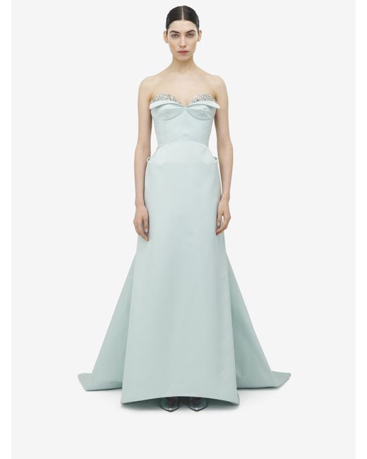Alexander McQueen Blue Crystal Embroidery Strapless Evening Dress