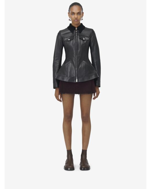 McQueen Black Peplum Corduroy-Trimmed Leather Jacket