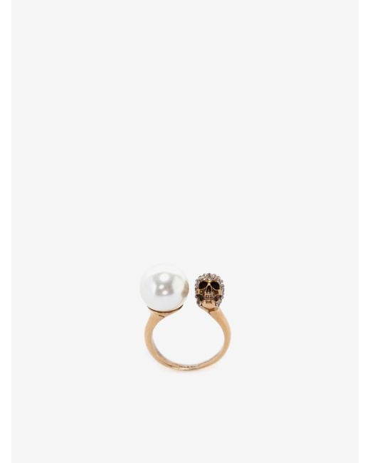 McQueen White Pearl-Like Skull Ring