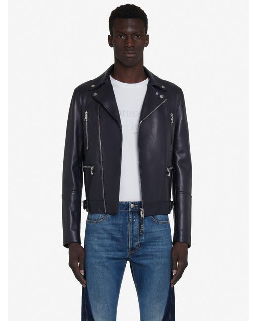 Alexander McQueen Black Blue Leather Biker Jacket for men