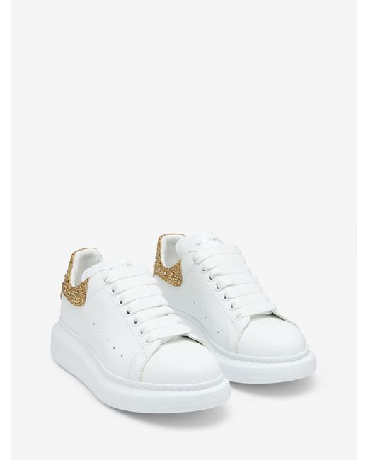 McQueen White Leather Sneakers With Embellished Suede Heel