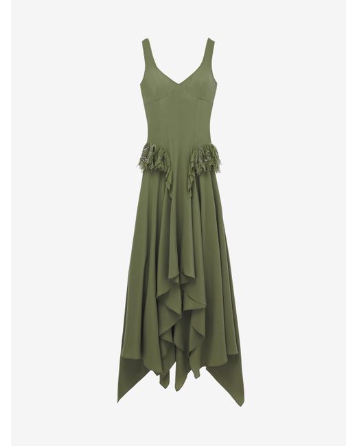 Alexander McQueen Green Silk Asymmetric Midi Dress